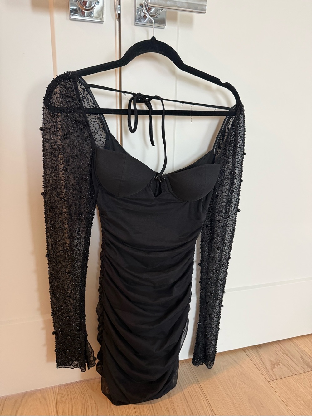 Oh Polly Black Ruched Mini Dress with Beaded Sheer Sleeves